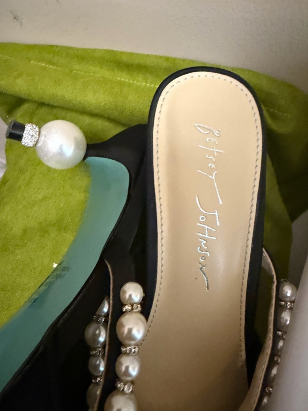 Betsey Johnson Black Pointed Mesh Mules with Pearl Strap - Picture 4 of 7
